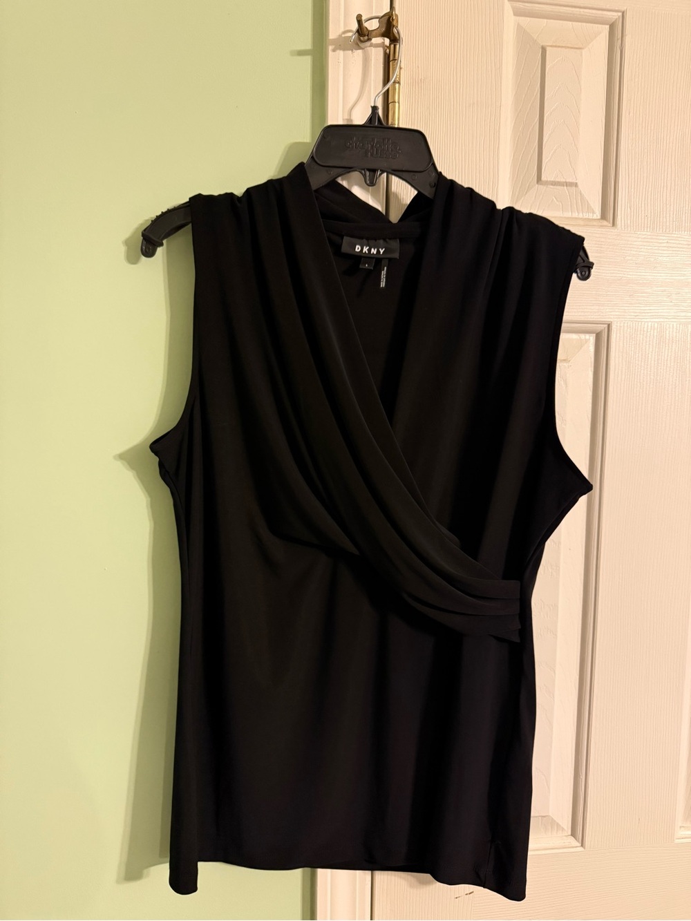 DKNY Black Sleeveless Draped Surplice Top